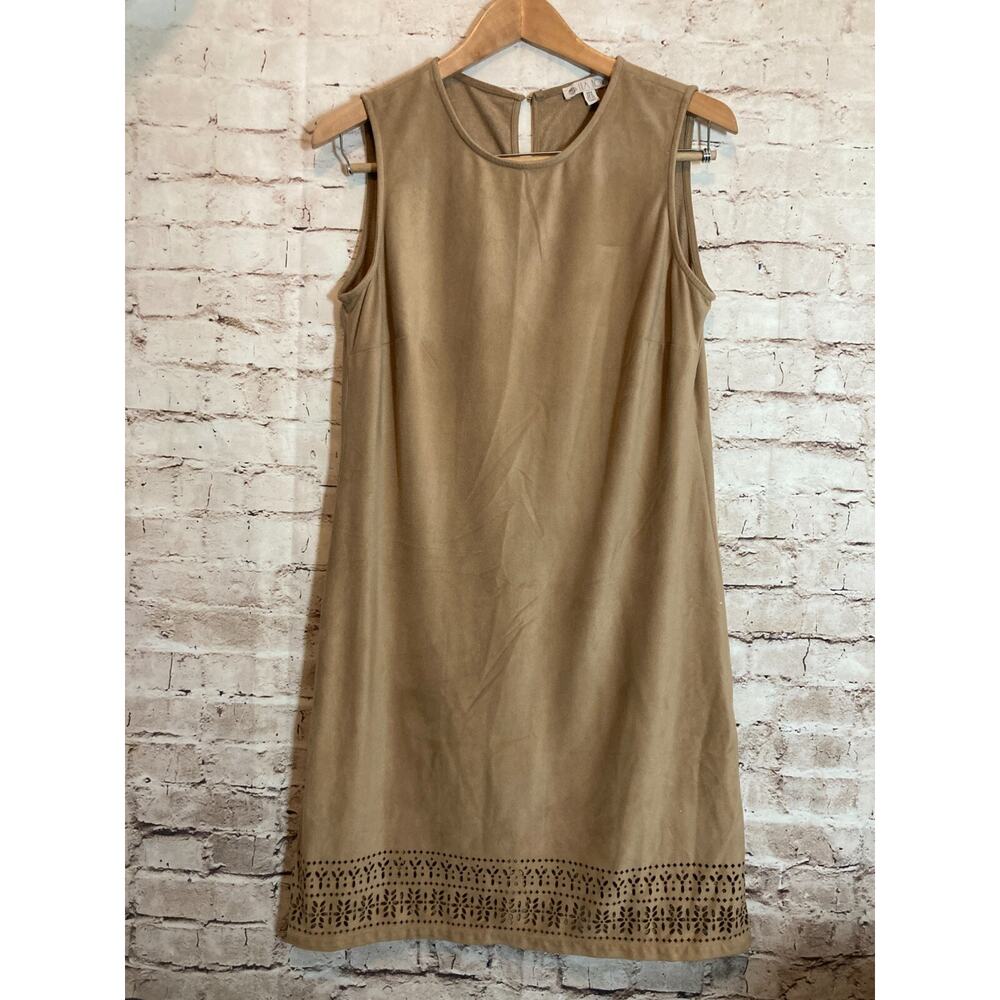 Lila Rose Dress Womens 6 Camel Brown Microsuede Laser Cut Trim A Line‎ Stretch